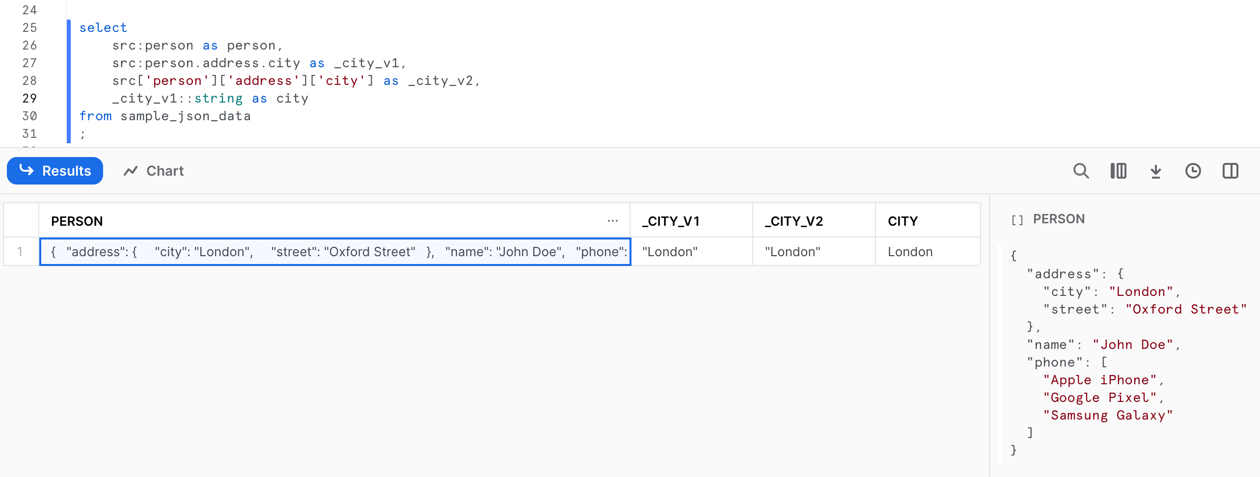 Snowflake JSON parsing syntax