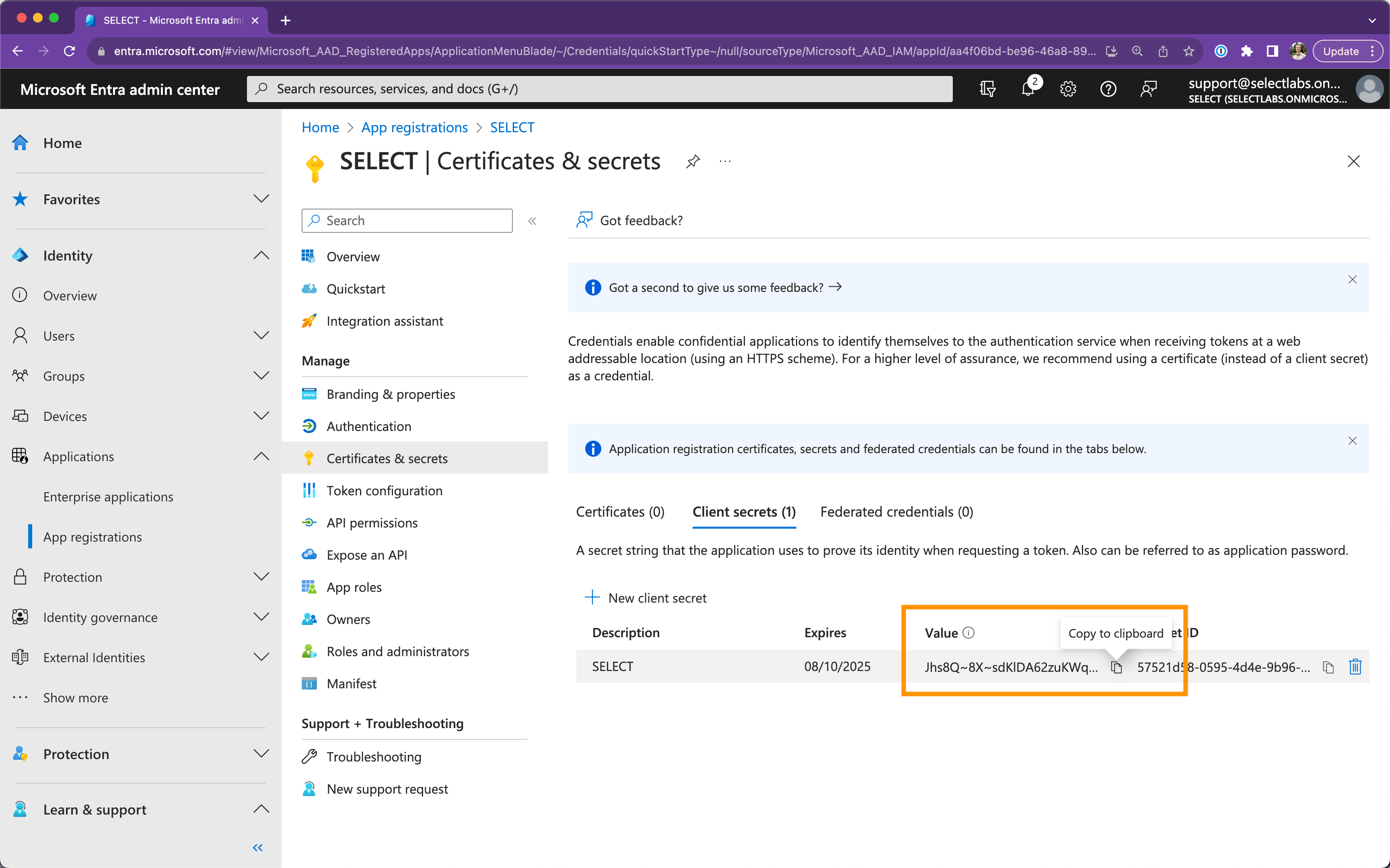 SELECT Azure AD integration setup step #7