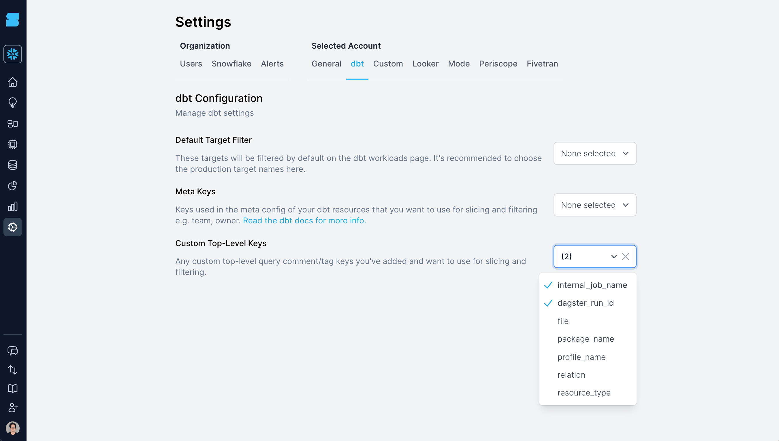 SELECT now support top level dbt keys