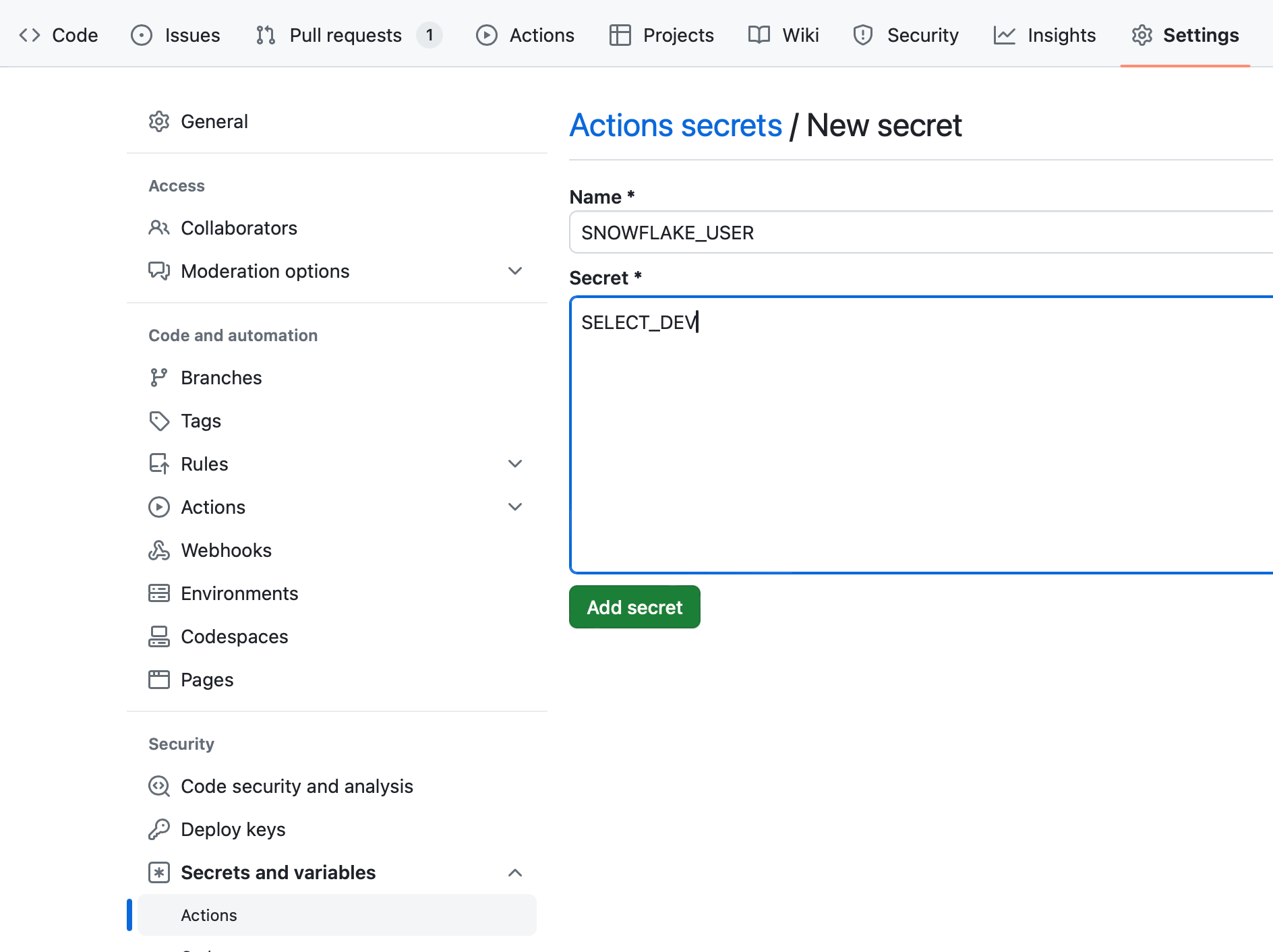 Snowflake terraform github actions secrets