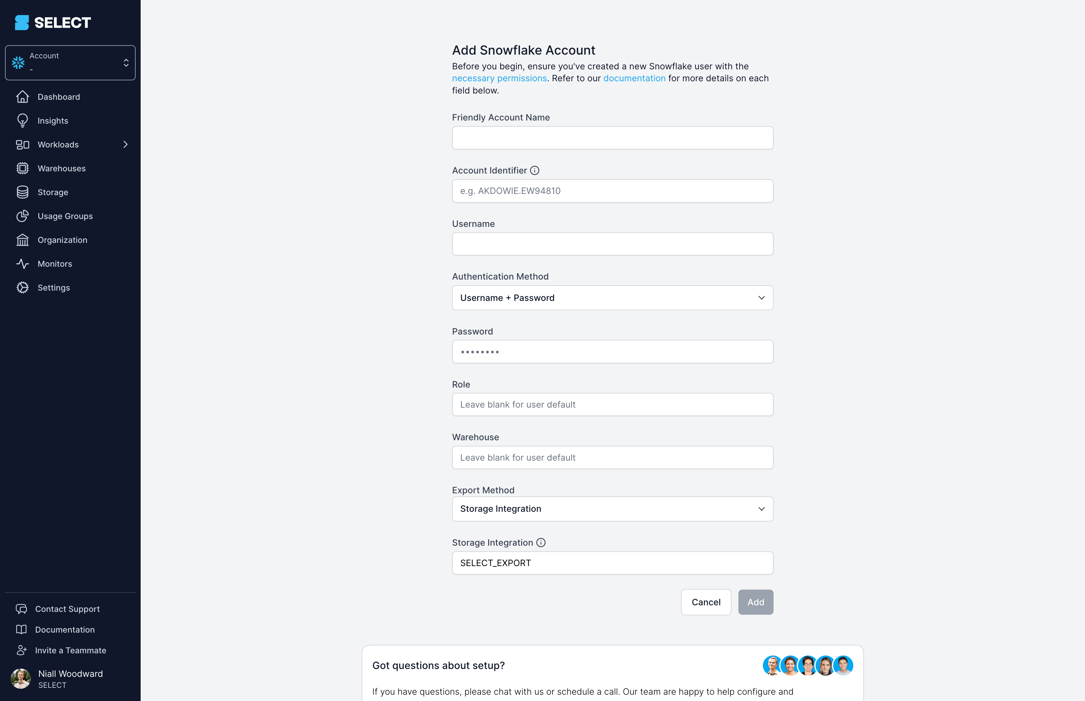 Enter Snowflake account info into SELECT