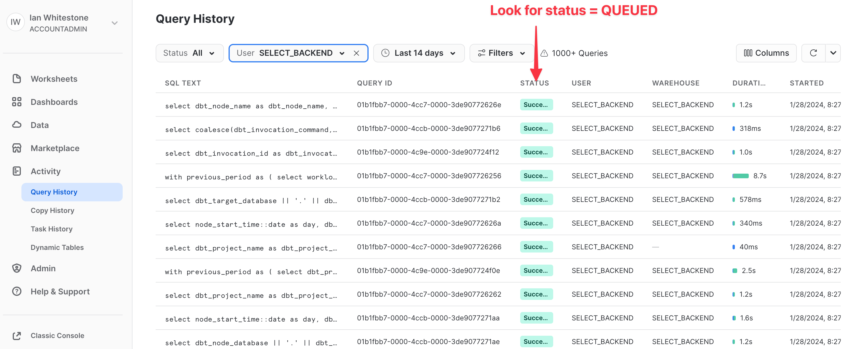 Snowflake query history status