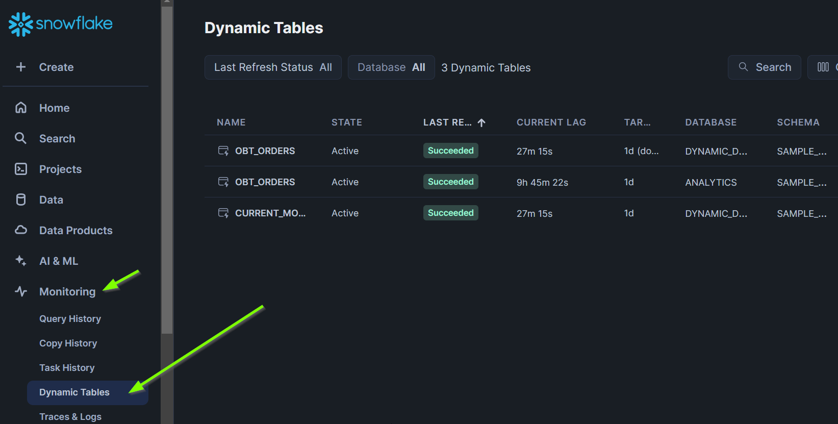 SELECT dynamic tables in Snowflake