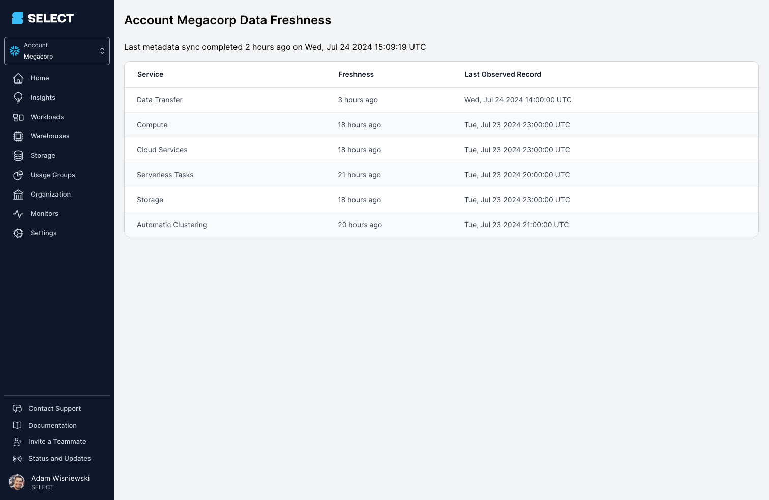 Data Freshness stats in SELECT