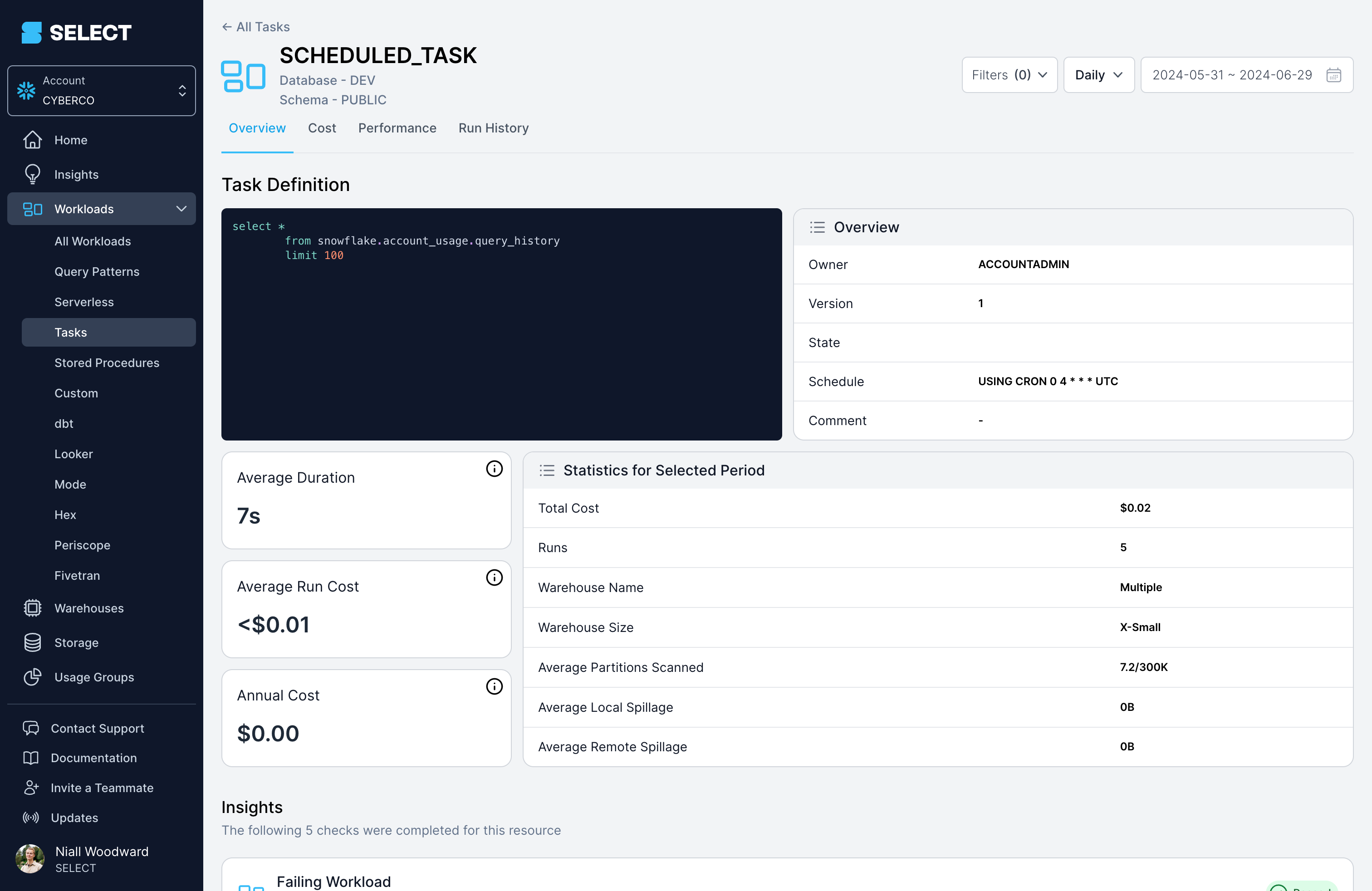 Top-level stored procedures workload page