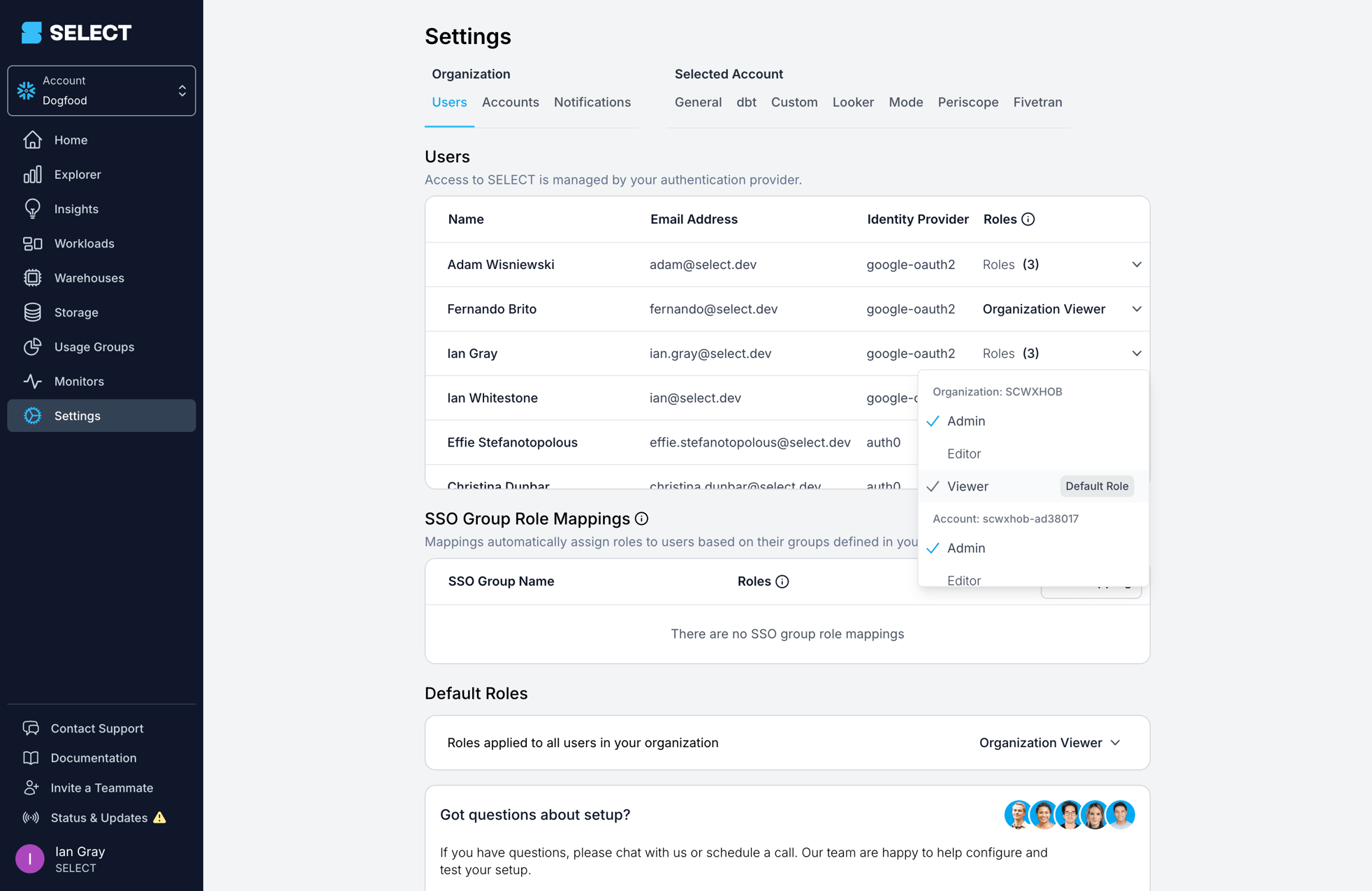 SELECT default user roles