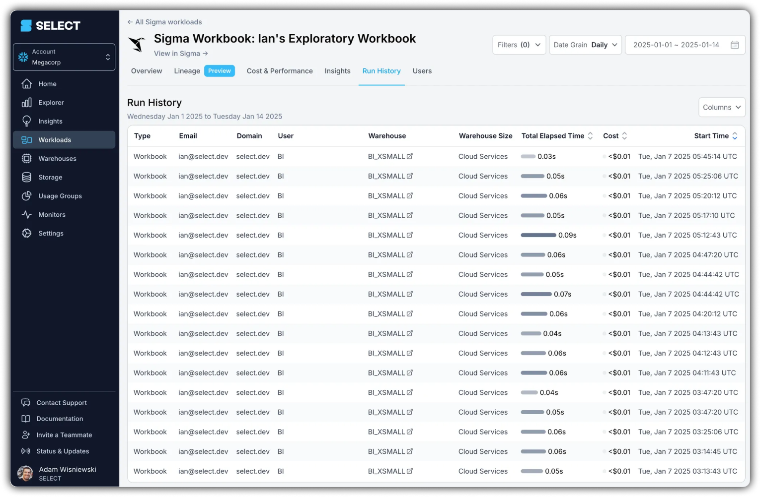 SELECT added support for reporting on costs and performance of Sigma workloads.