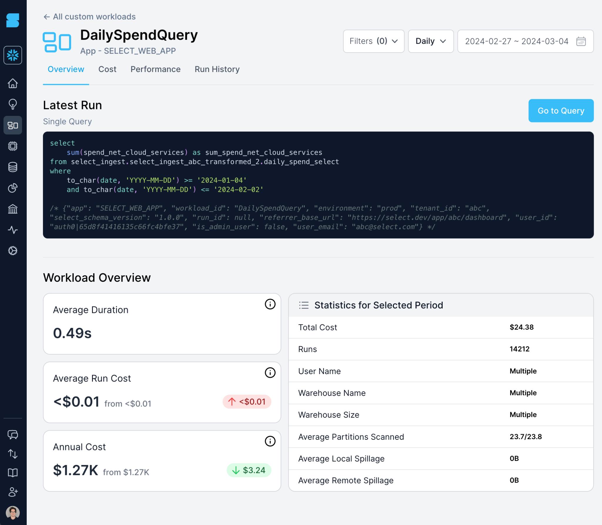 SELECT Snowflake custom workloads example