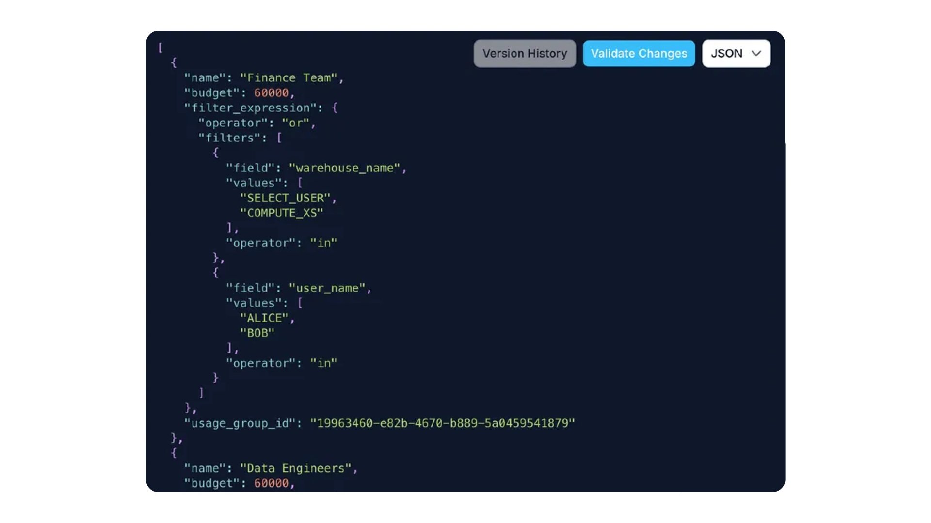 Usage group definitions can now be managed externally via the use of JSON or YAML configurations