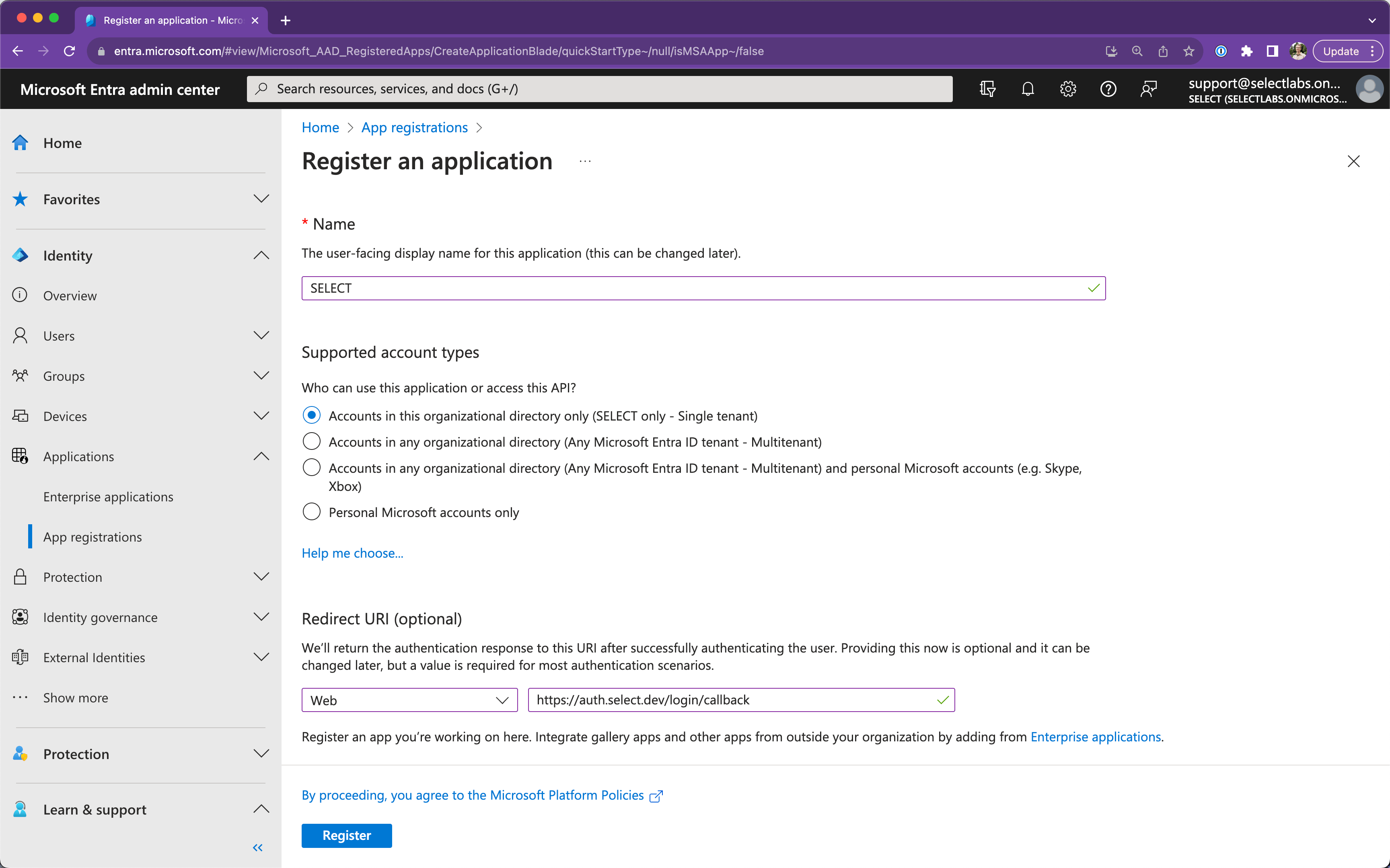 SELECT Azure AD integration setup step #3