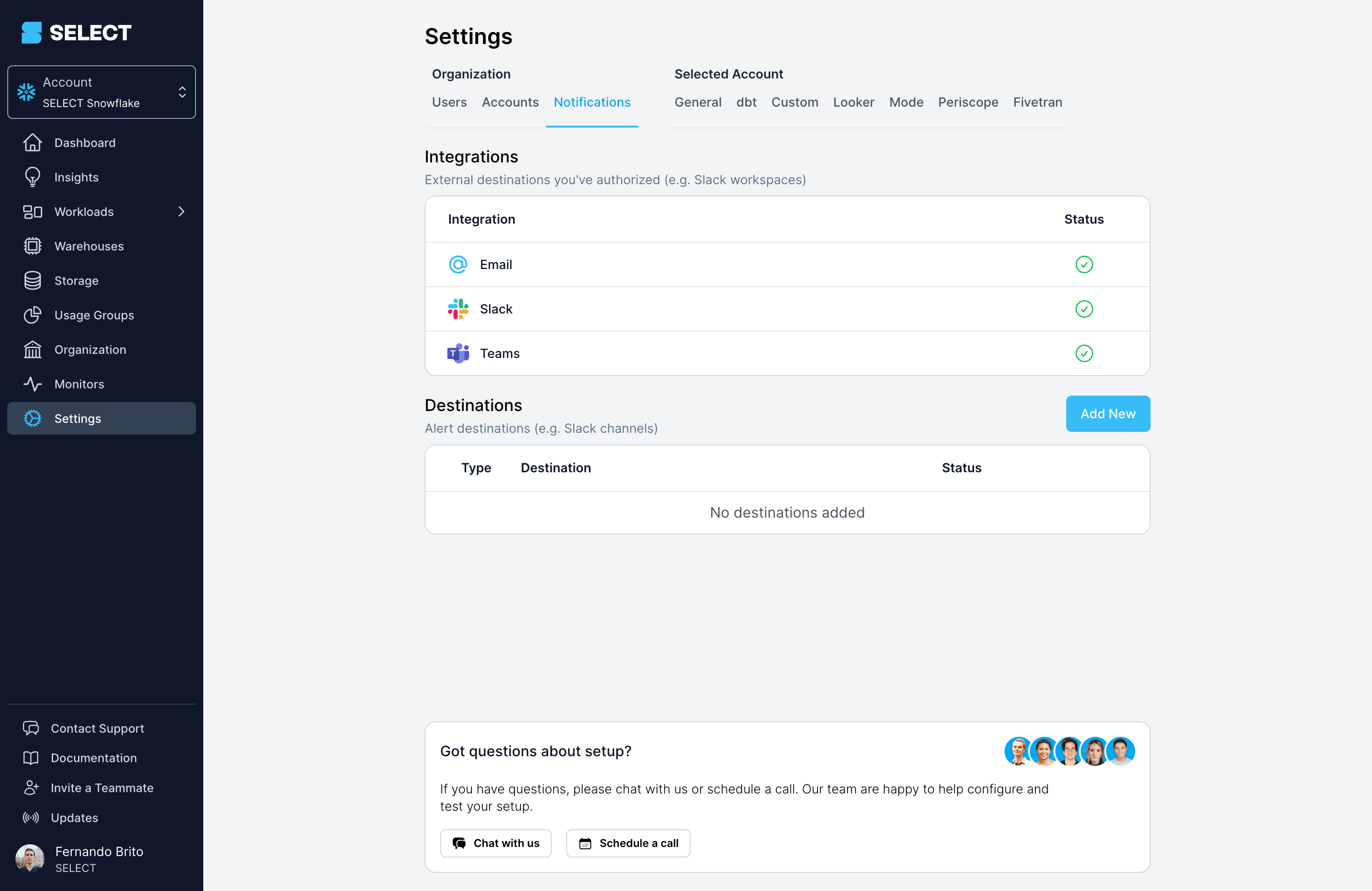 SELECT Destinations setup