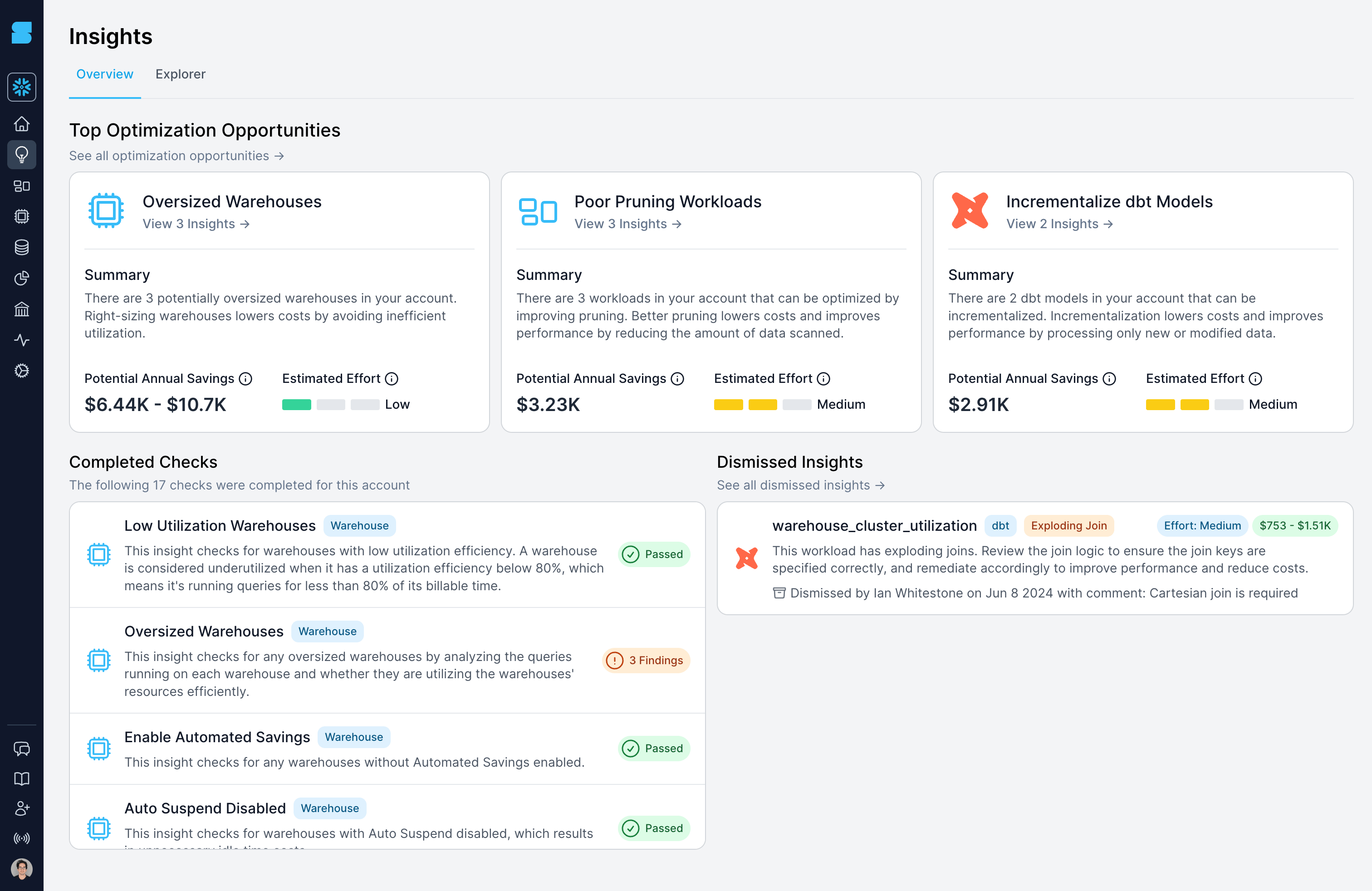 SELECT Snowflake optimization insights overview page