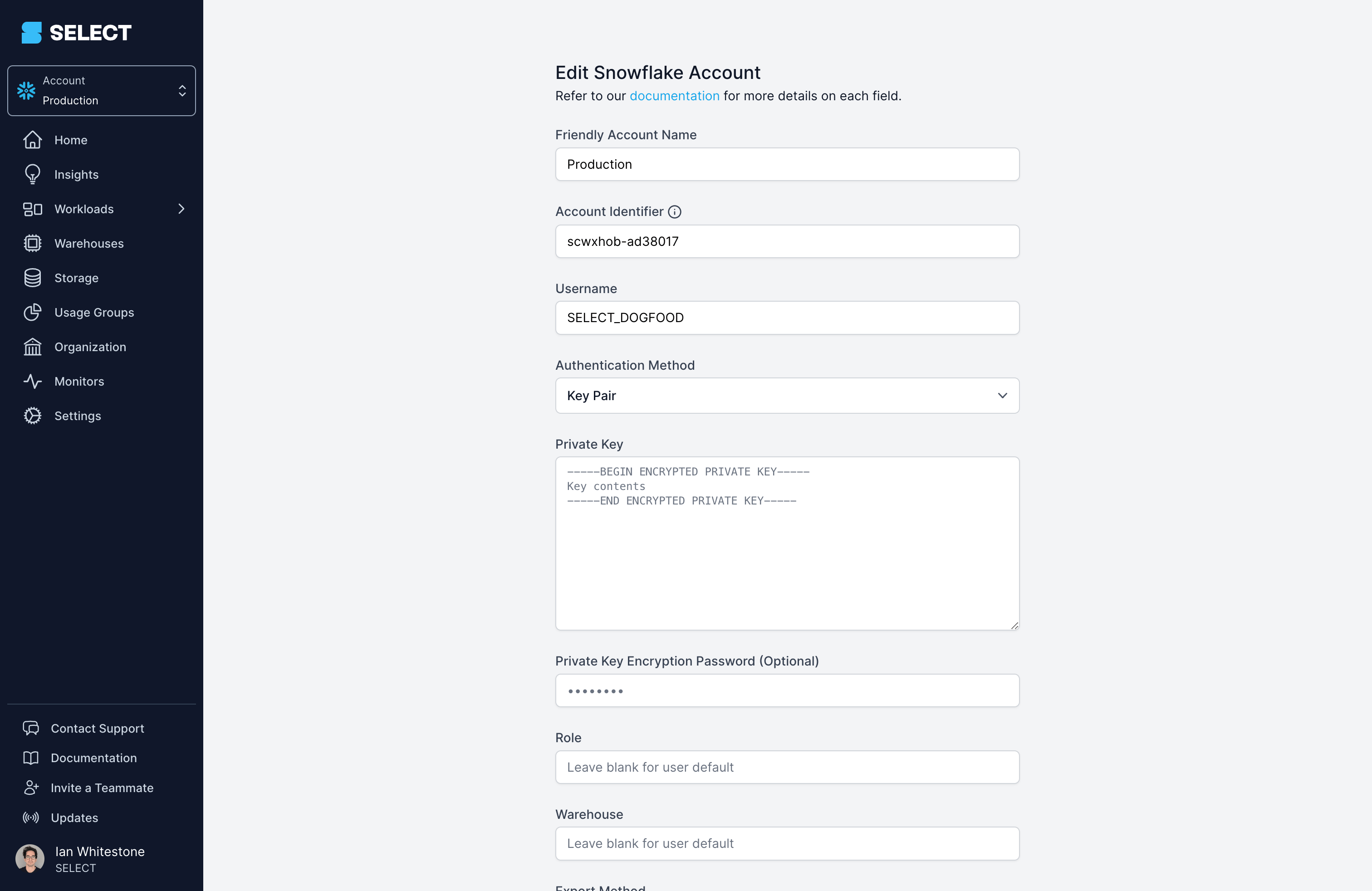 SELECT Snowflake key-pair authentication support