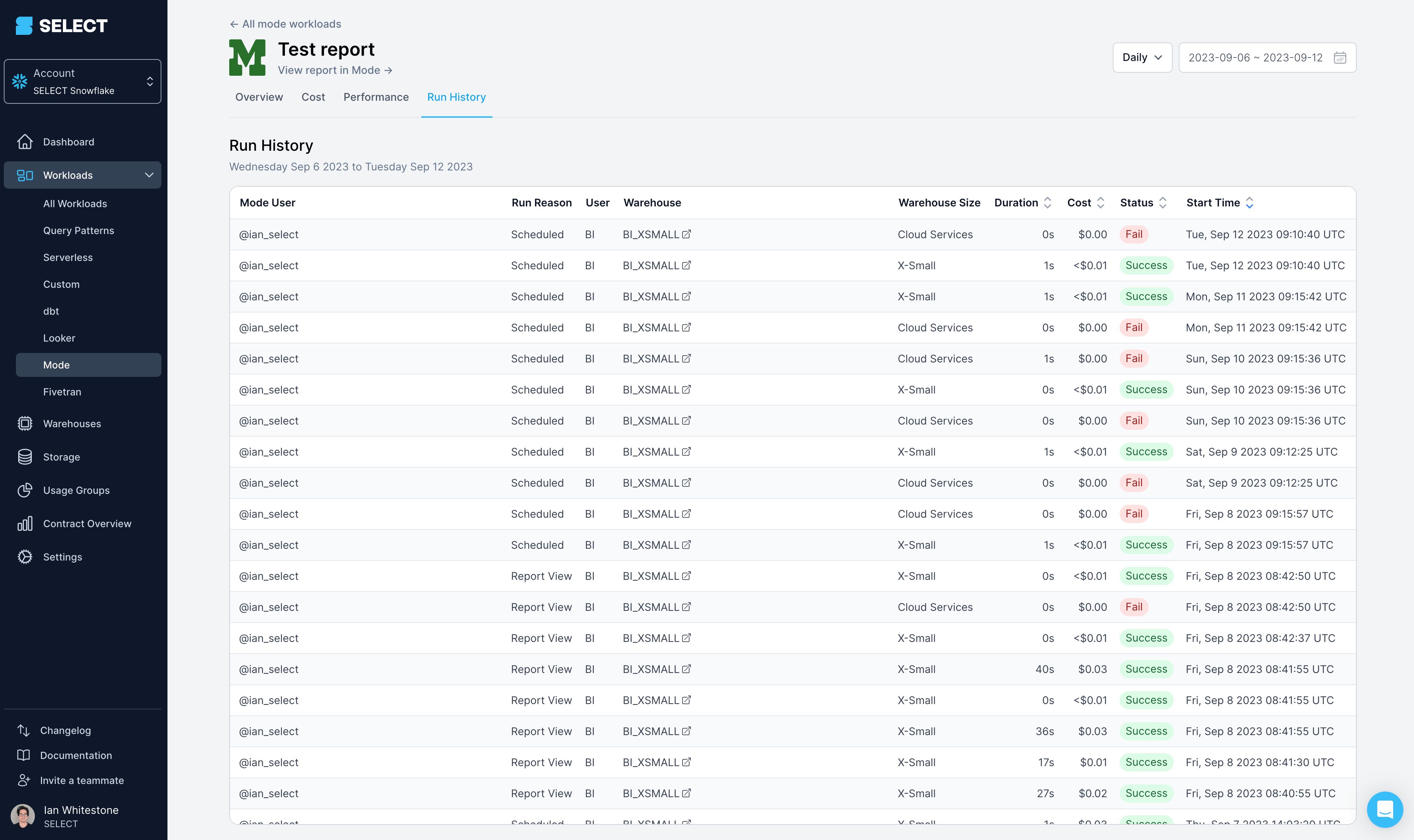 SELECT Mode integration run history