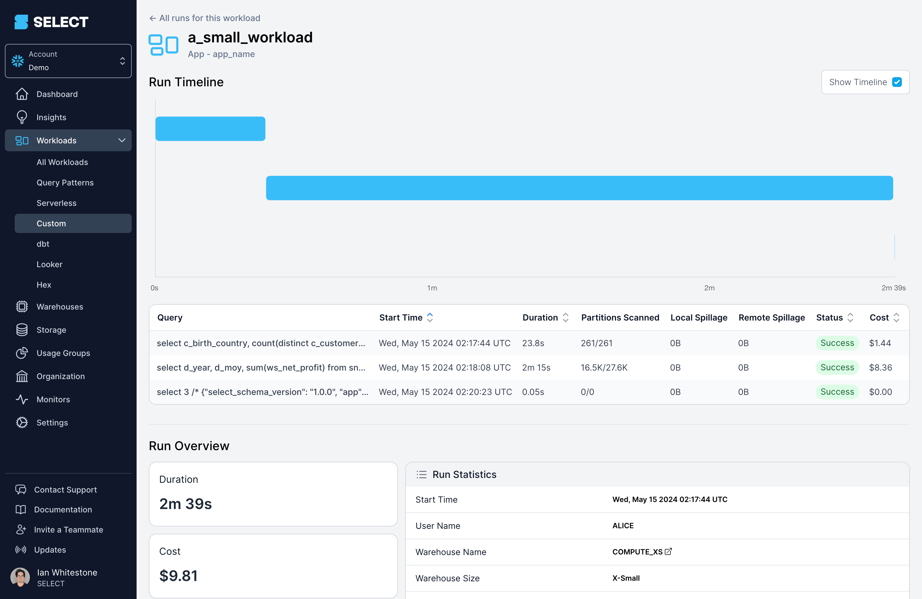 SELECT custom workload run_id