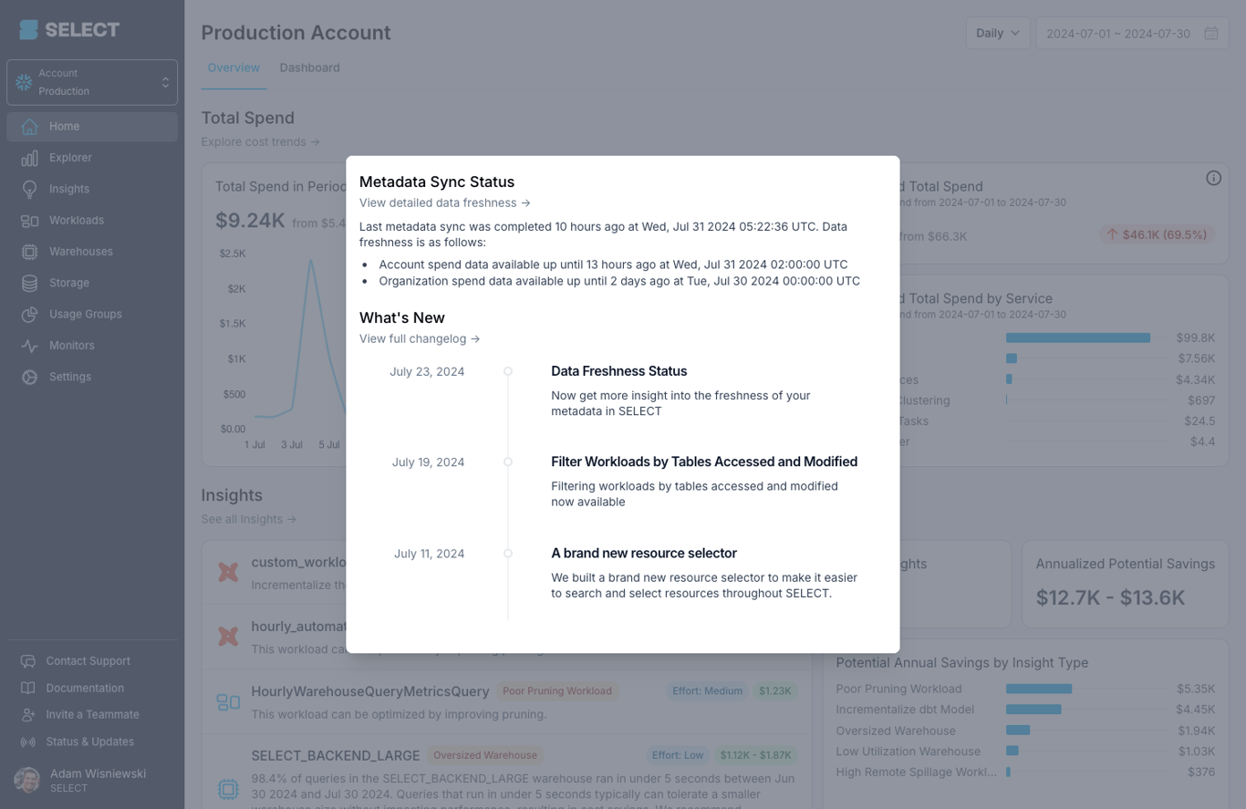 Data Freshness linked from Status &#x26; Updates