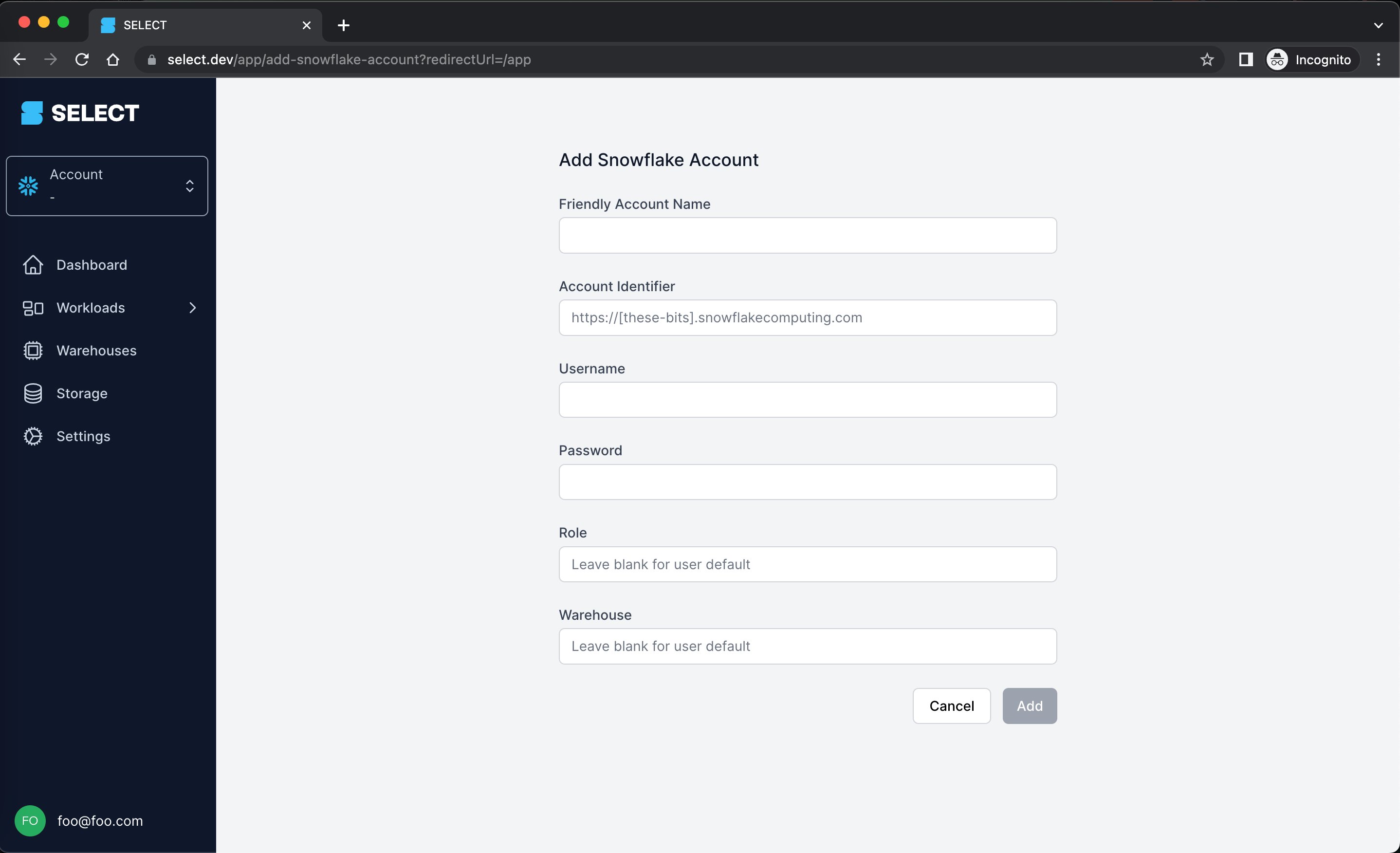 Enter Snowflake account info into SELECT