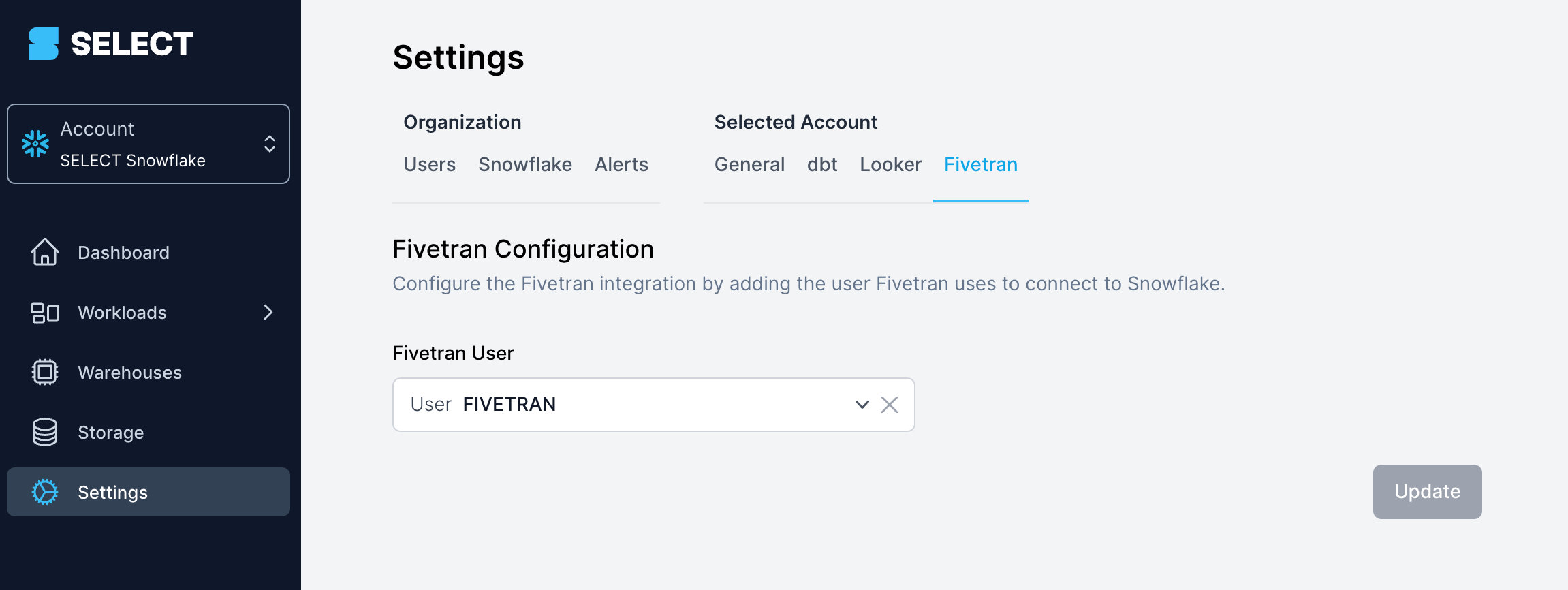 SELECT Fivetran integration settings