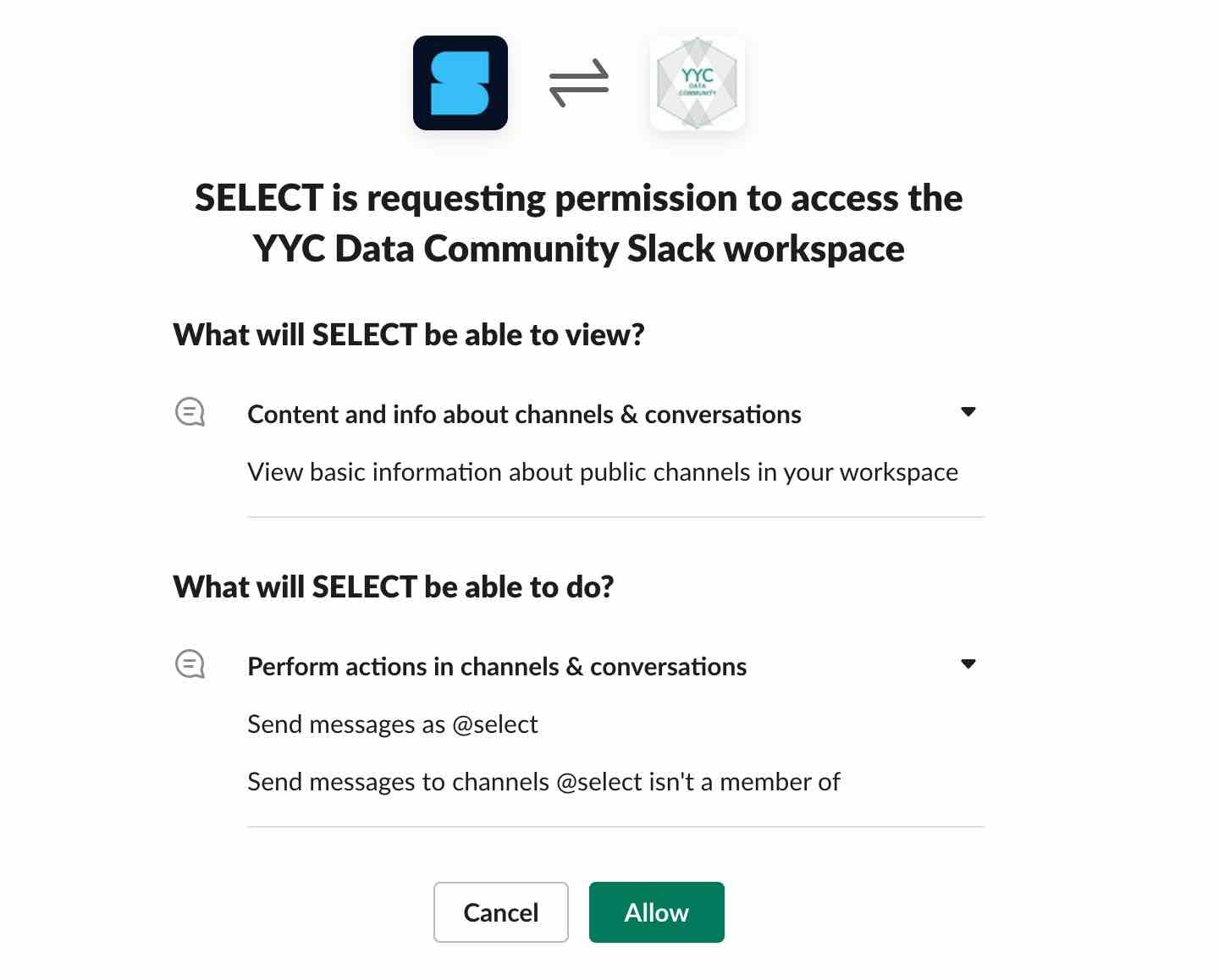 SELECT Slack app installation