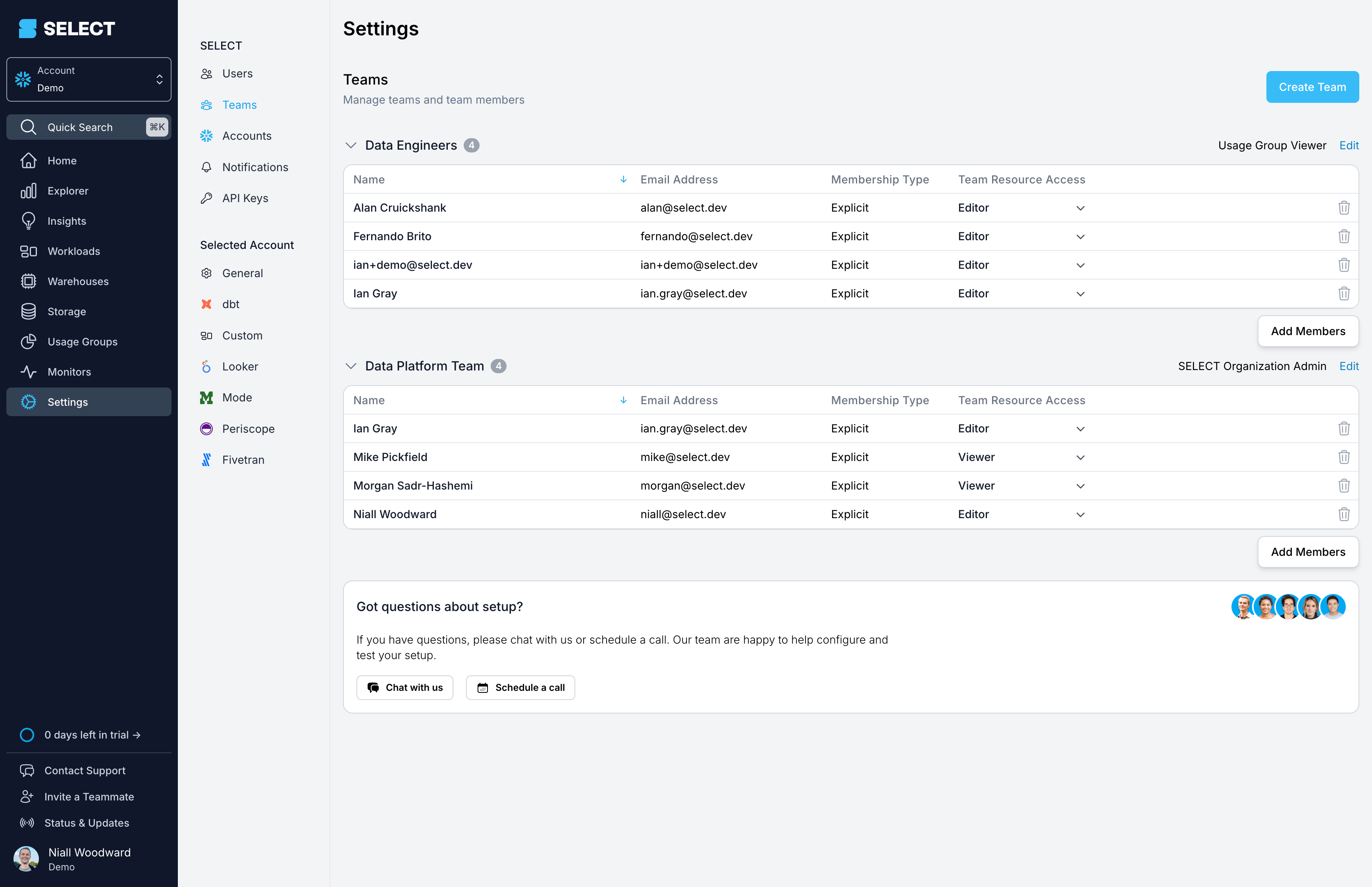 SELECT team settings