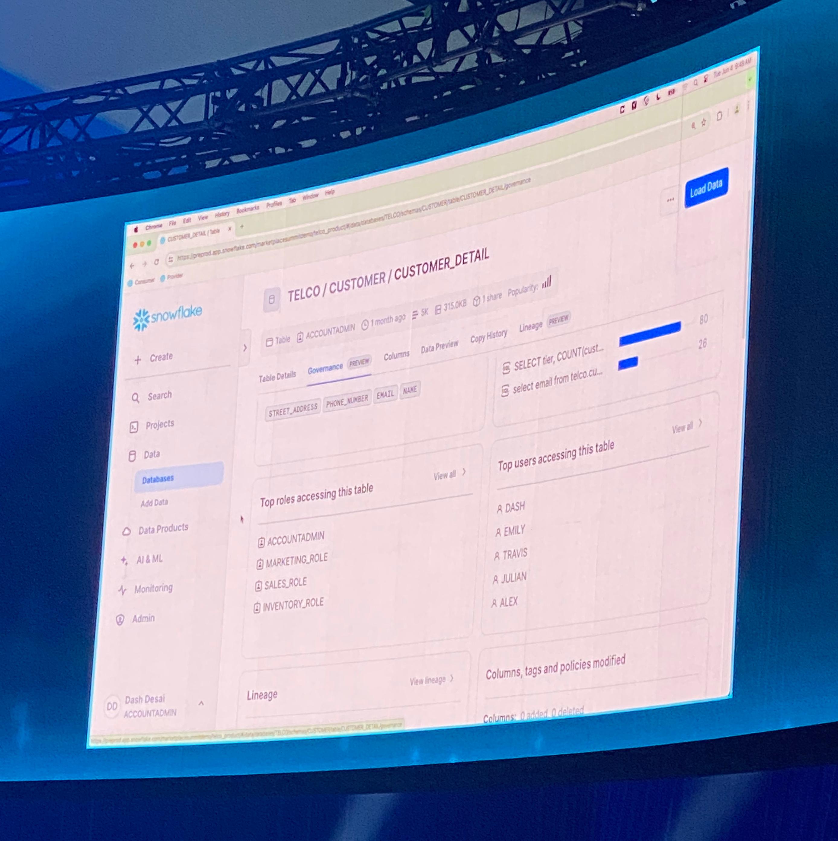 Snowflake table governance tab