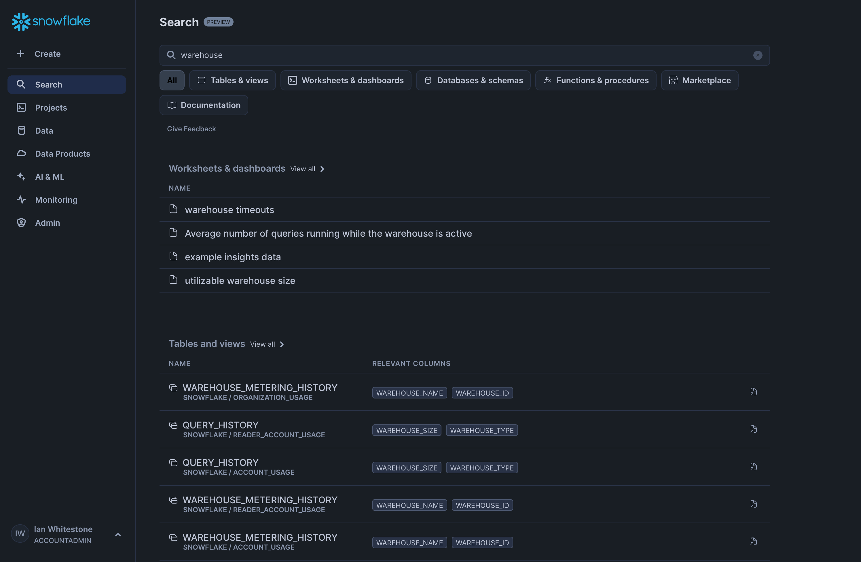 Snowflake universal search example