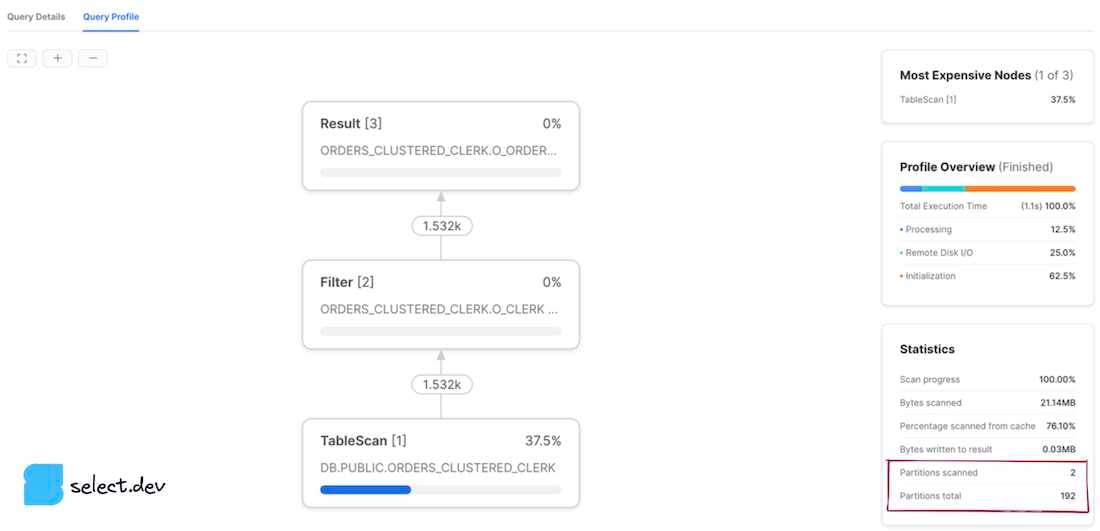 Snowflake query profile showing well pruned query