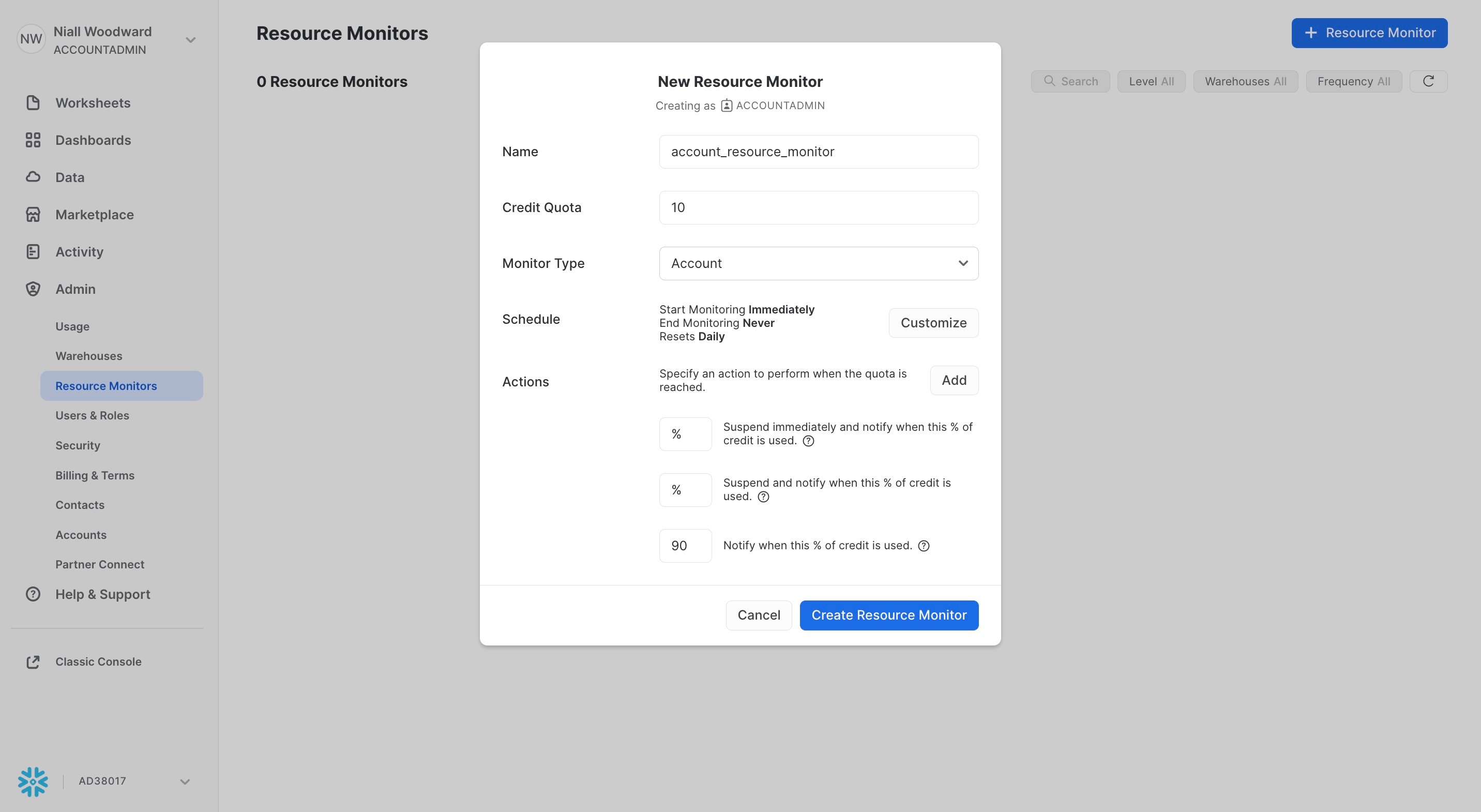 SELECT create resource monitor